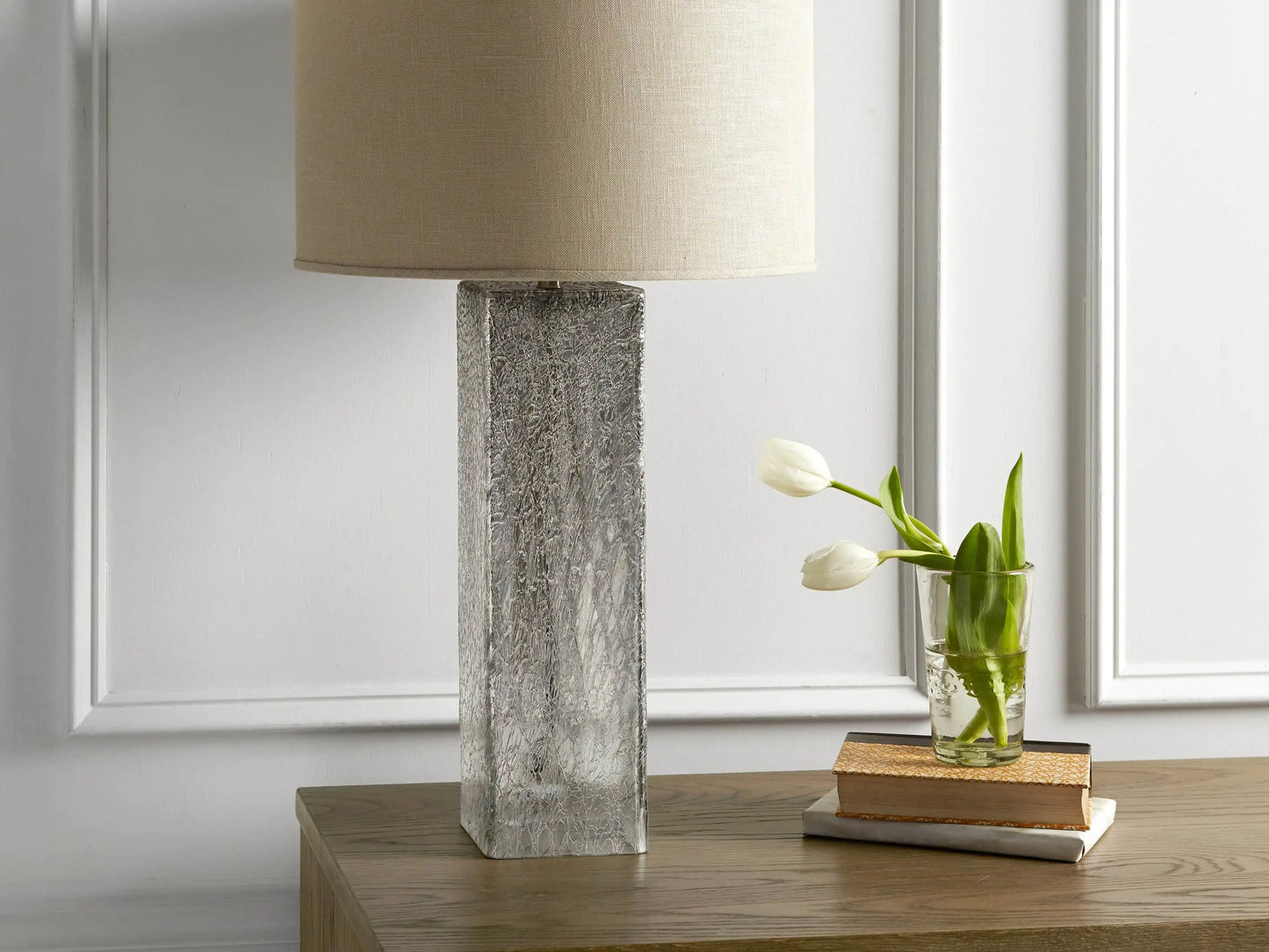 Adrano Table Lamp in Silver with Natural Shade